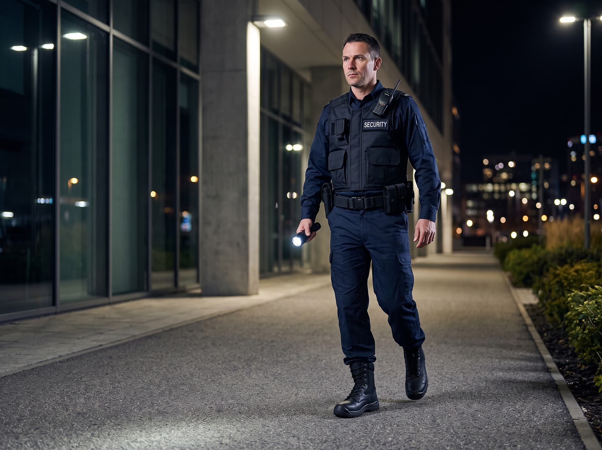 Agent de pază în uniformă completă, în patrulare nocturnă