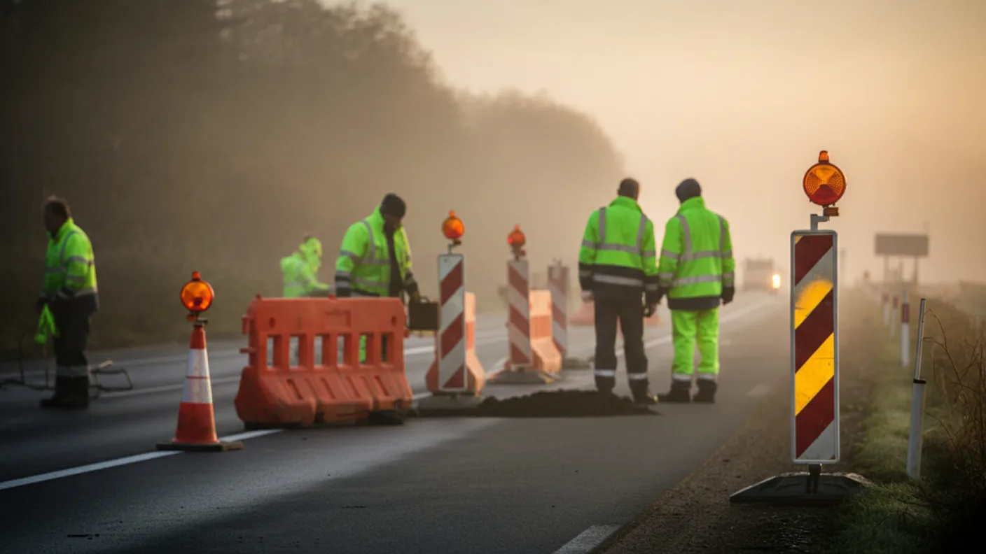 Echipă de muncitori pe șantier de drum purtând jachete reflectorizante cu benzi late, lângă conuri de avertizare, în lumina de dimineață