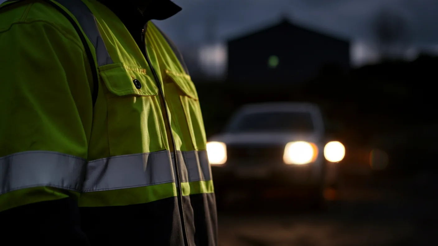 Detaliu al unei veste reflectorizante cu benzi late argintii, purtată peste o jachetă de lucru, luminată de farul unui vehicul la amurg