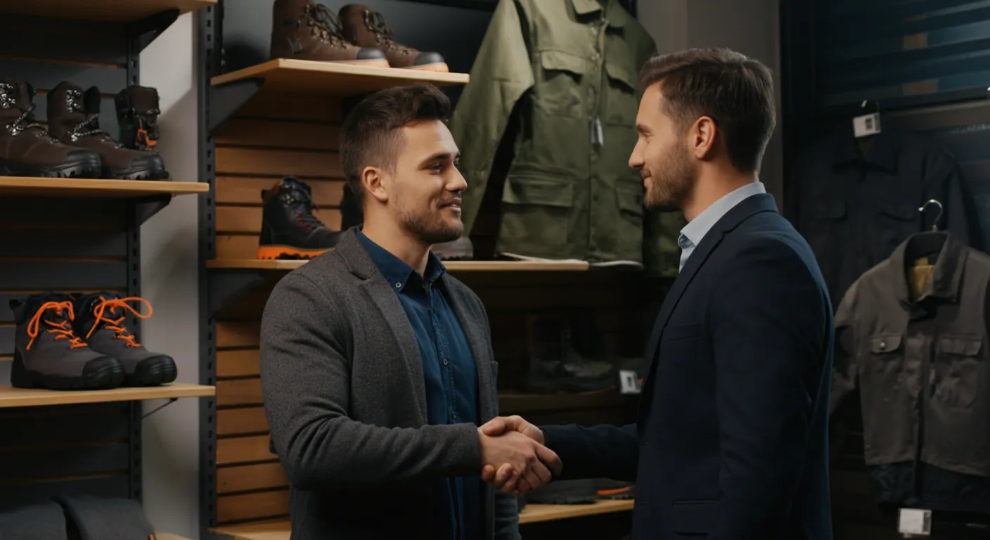 Manager de achiziții dând mâna cu un reprezentant furnizor într-un showroom cu uniforme de lucru și bocanci de protecție