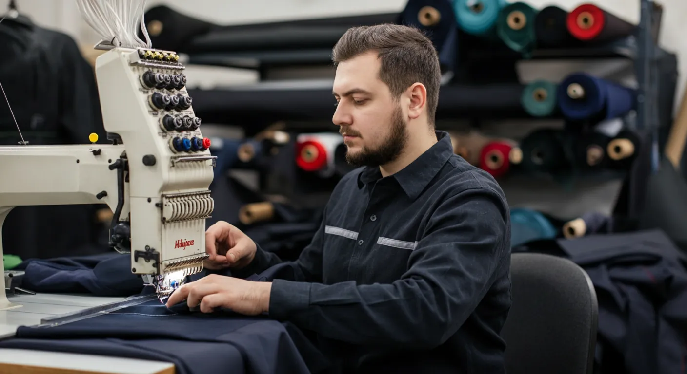 Croitor într-un atelier textil românesc, brodând logo-ul unei companii pe o geacă de lucru navy