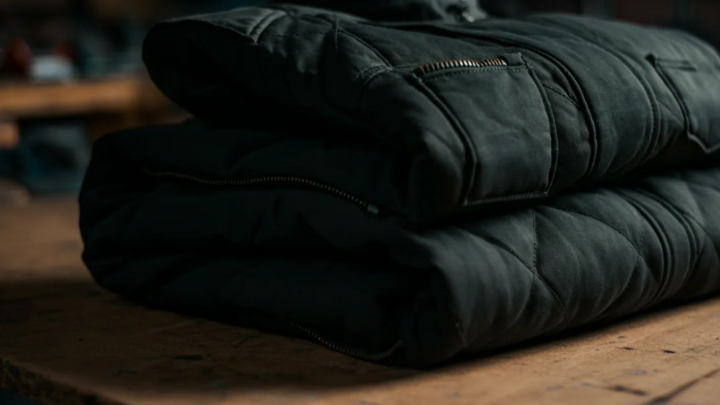 Detaliu al căptușelii groase și al fermoarului întărit al unei geci de lucru de iarnă, împăturită pe o masă de atelier din lemn