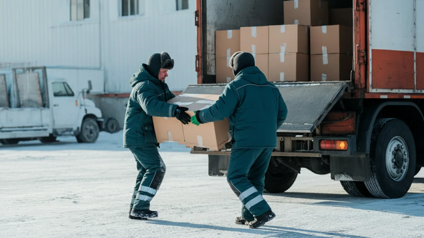 Doi muncitori într-o curte de logistică înzăpezită, purtând geci de lucru groase, căptușite, asortate, încărcând lăzi într-un camion