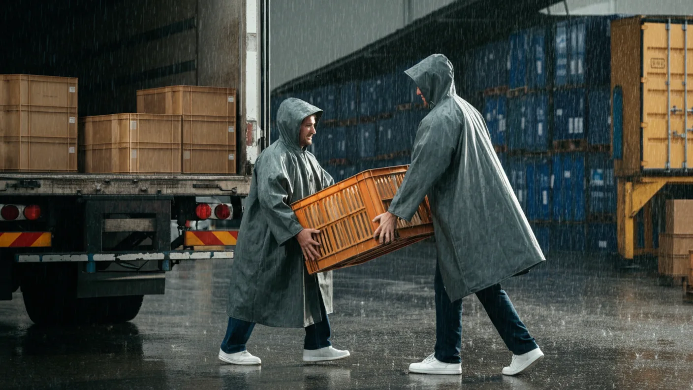 Doi muncitori purtând pelerine de ploaie PVC asortate peste hainele de lucru, transportând o navetă într-o curte de logistică, sub ploaie
