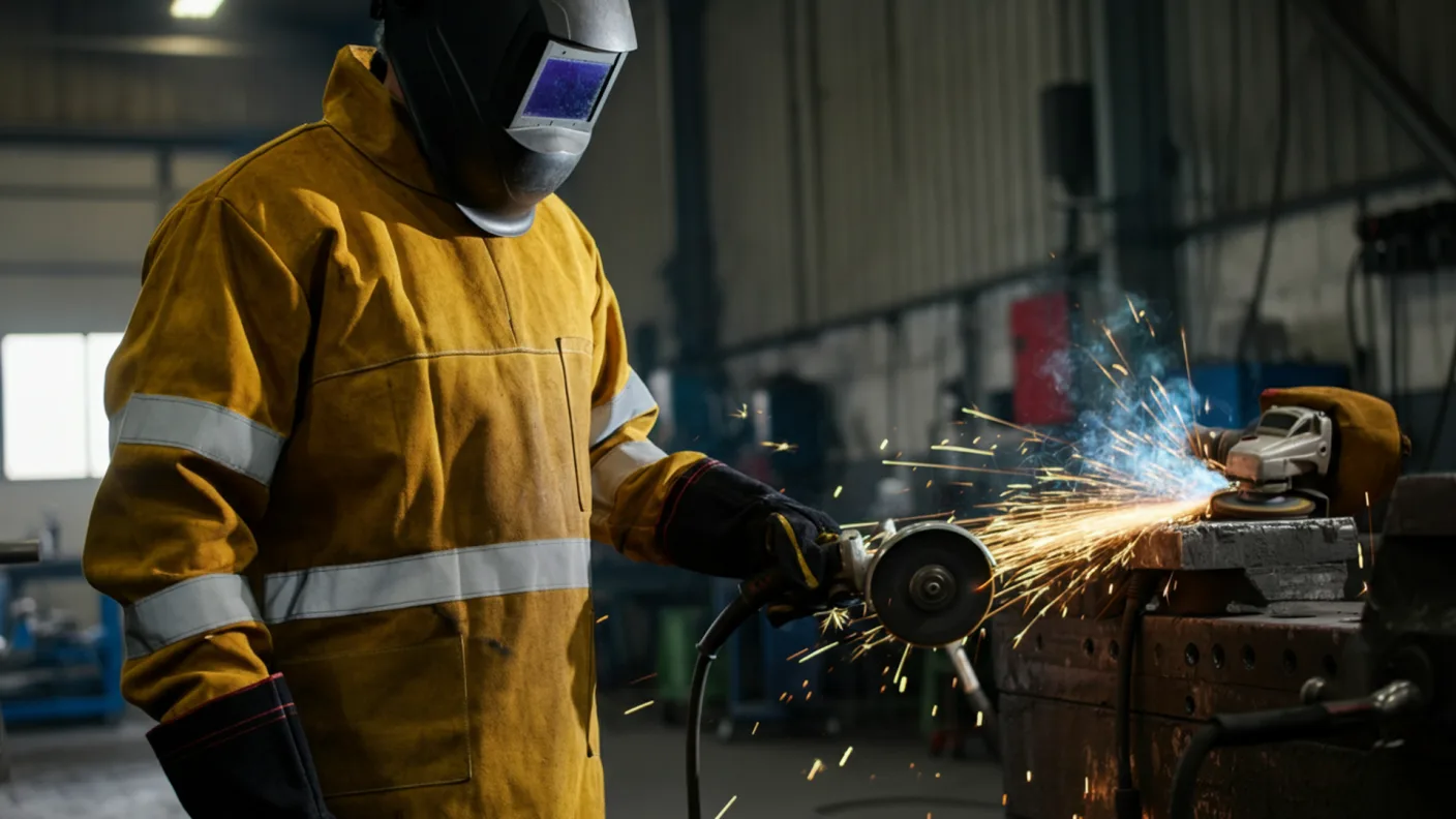 Sudor purtând salopetă ignifugată cu benzi reflectorizante, cu masca de sudură ridicată, lângă scântei într-un atelier industrial