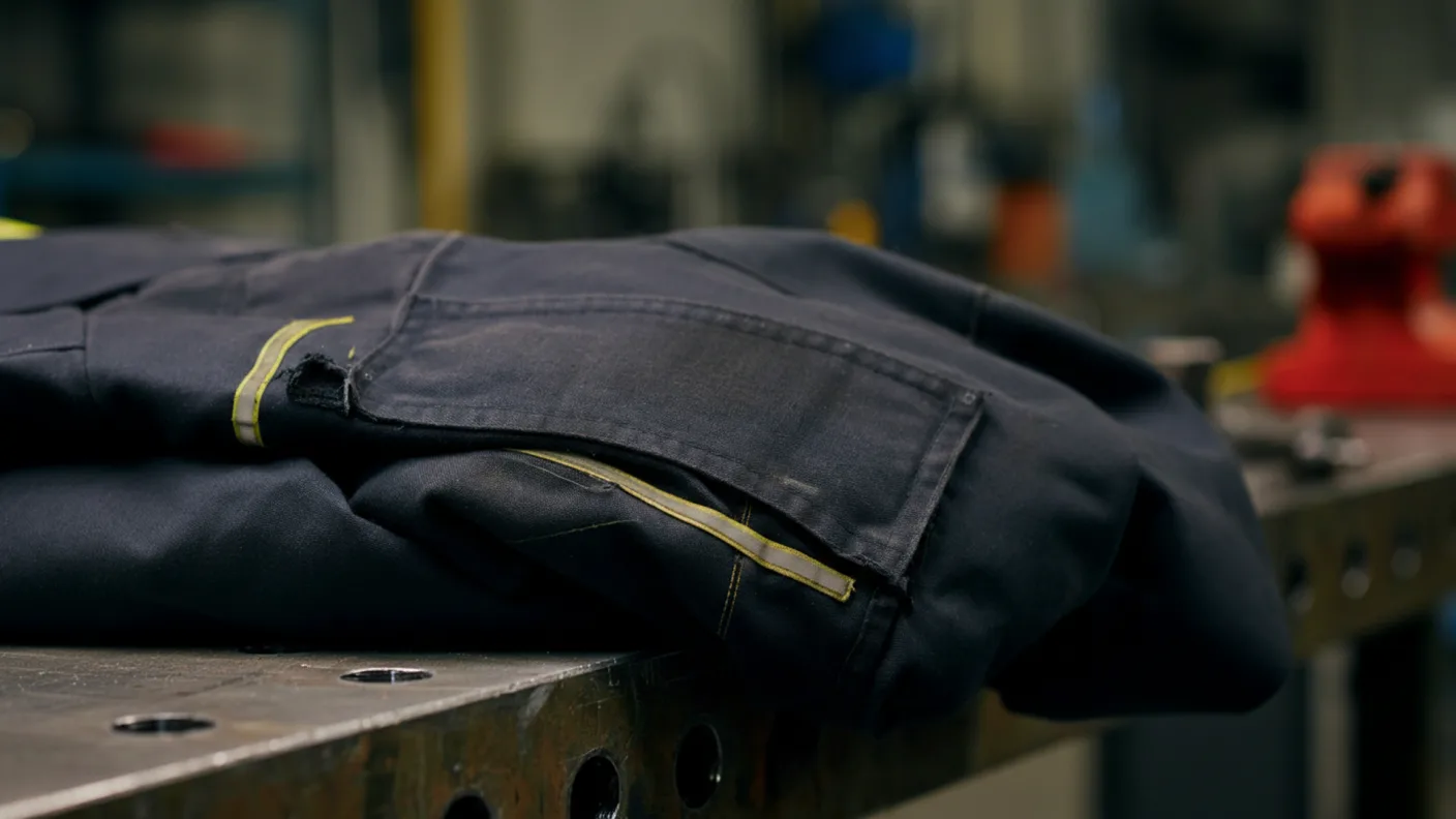 Detaliu macro al unui material ignifug gros, cu cusături întărite, pe o salopetă industrială închisă la culoare, pe o masă de lucru metalică