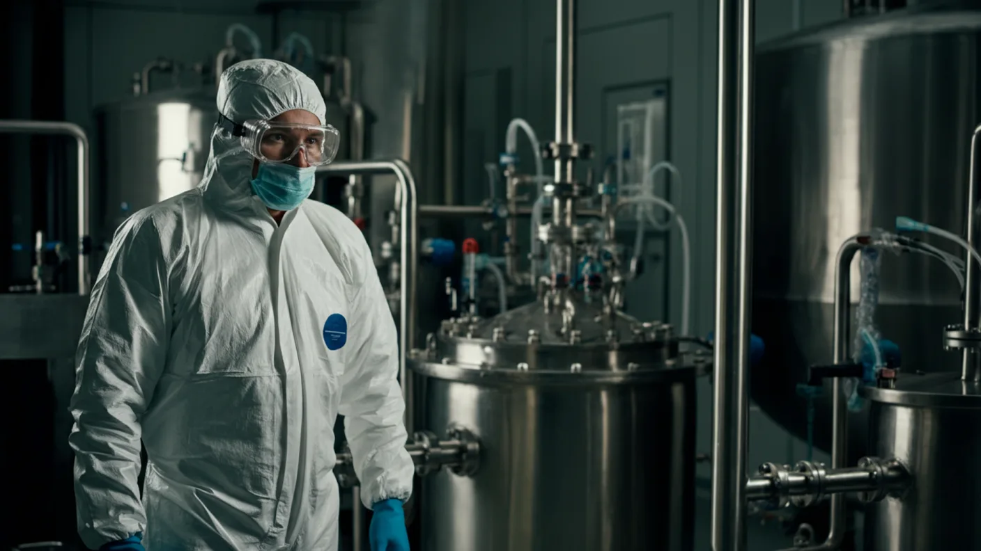 Tehnician de laborator purtând salopetă antiacidă cu cusături întărite și ochelari de protecție, lângă echipamente de procesare chimică într-o unitate specializată curată