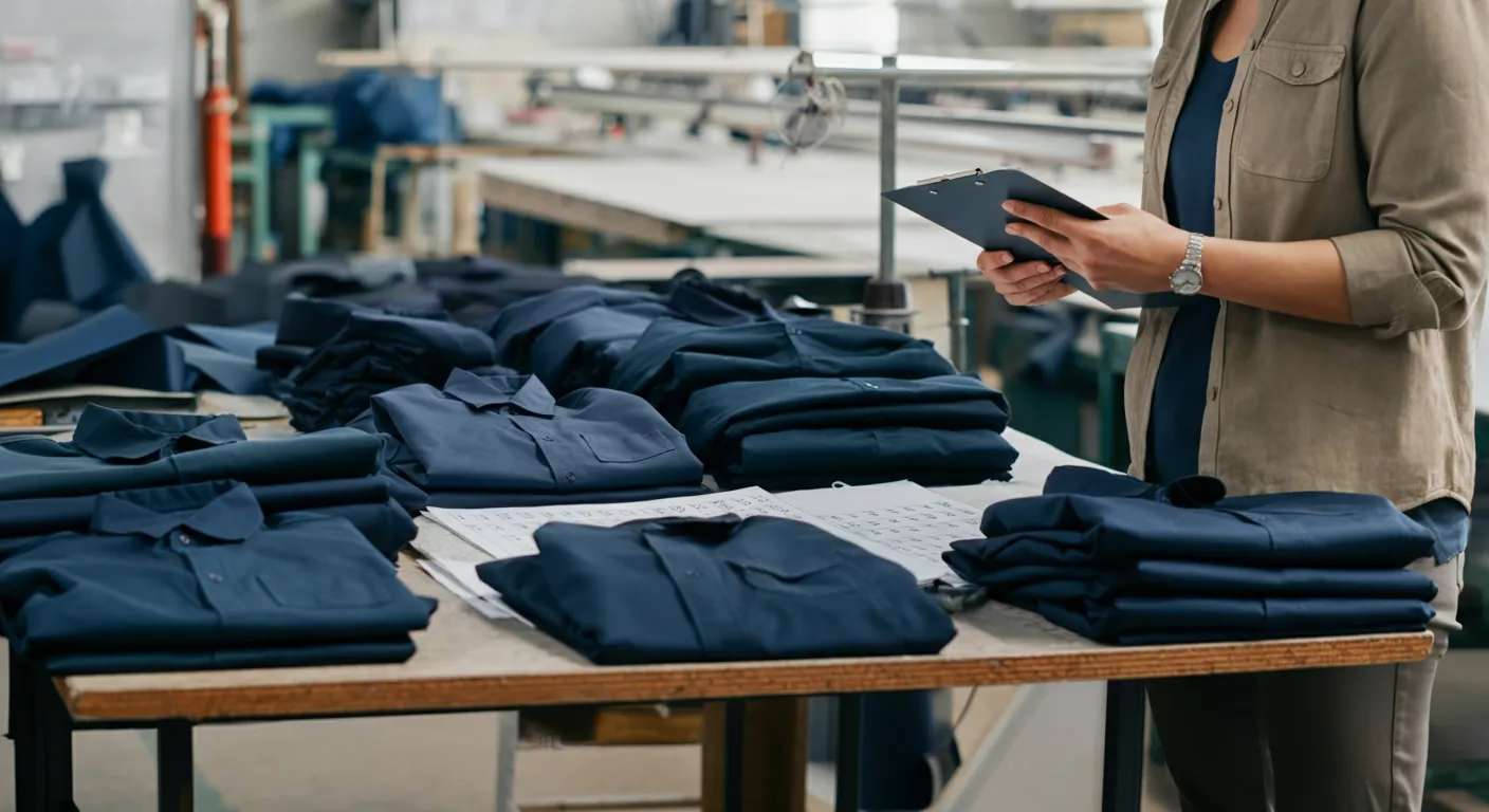 Haine de lucru împăturite pe o masă într-un atelier textil, cu o coordonatoare verificând o listă de mărimi