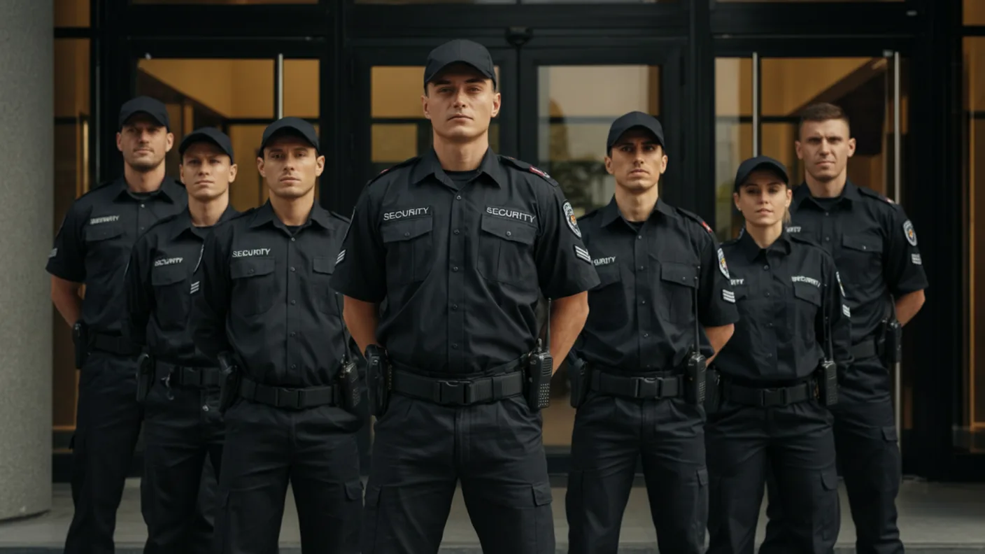 Grup de agenți de securitate aliniați la intrarea unei clădiri, purtând uniforme negre asortate cu ecuson brodat și suport de stație radio la centură