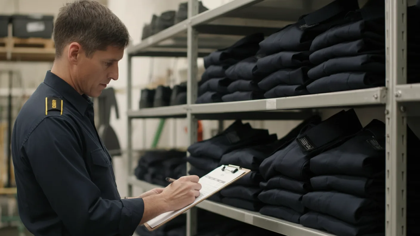 Coordonator de producție verificând o listă de mărimi și roluri pe un clipboard, lângă uniforme de securitate negre împăturite ordonat pe rafturi într-un atelier textil