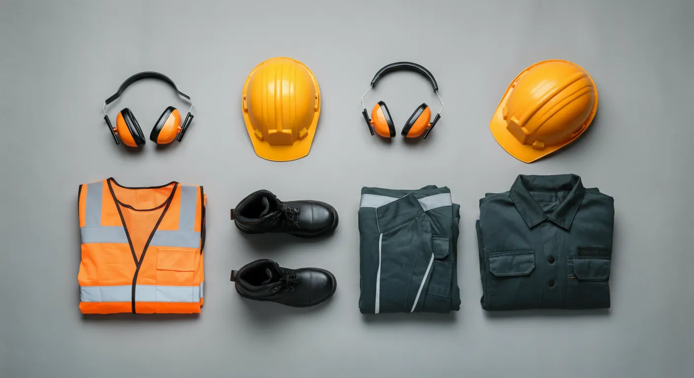 Șapte echipamente esențiale de protecție individuală așezate ordonat: cască, ochelari, mănuși, vestă reflectorizantă, antifoane, bocanci și salopetă împăturită