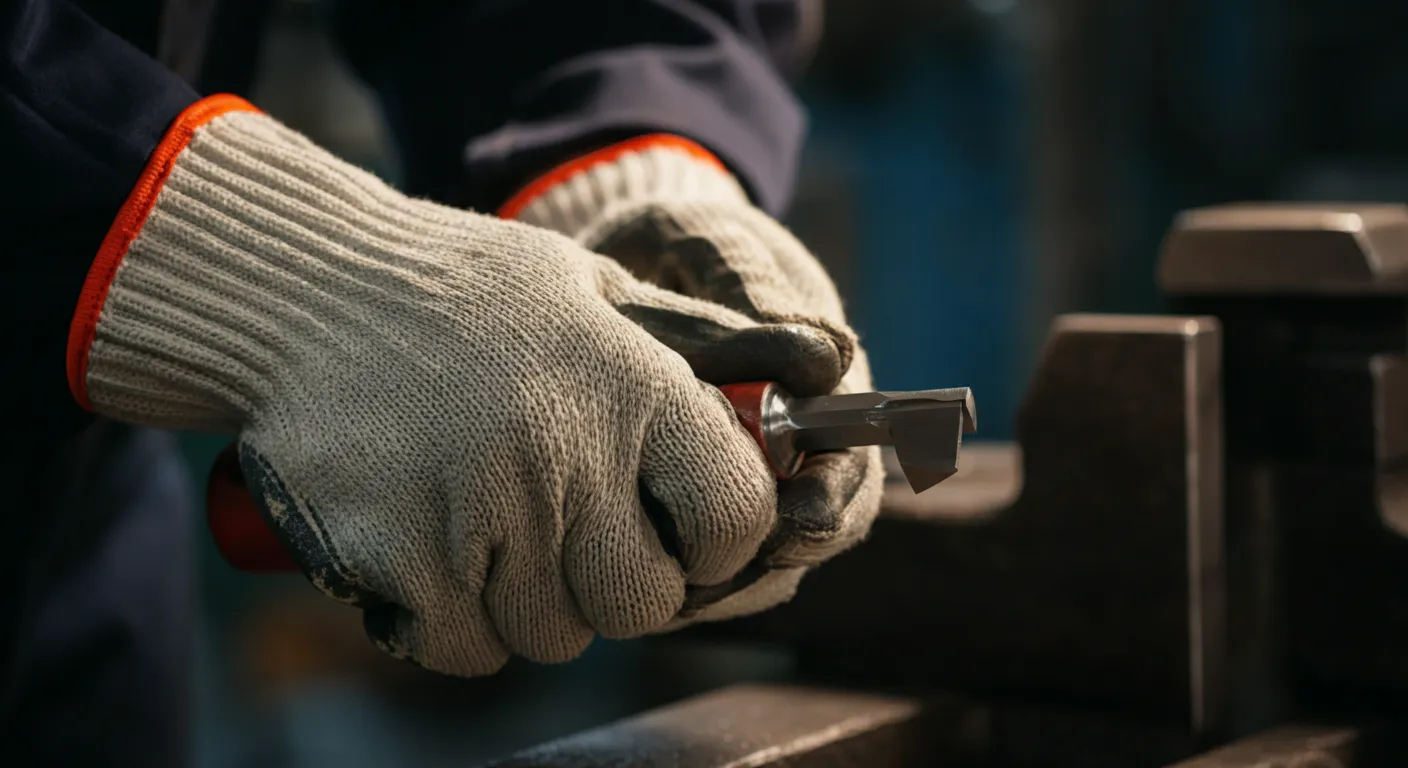 Mâinile unui muncitor purtând mănuși rezistente la tăiere, ținând o unealtă metalică